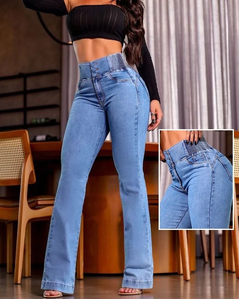 Aesco Kadın Yüksek Bel Yanları Lastik Önü Düğmeli Kot Pantolon