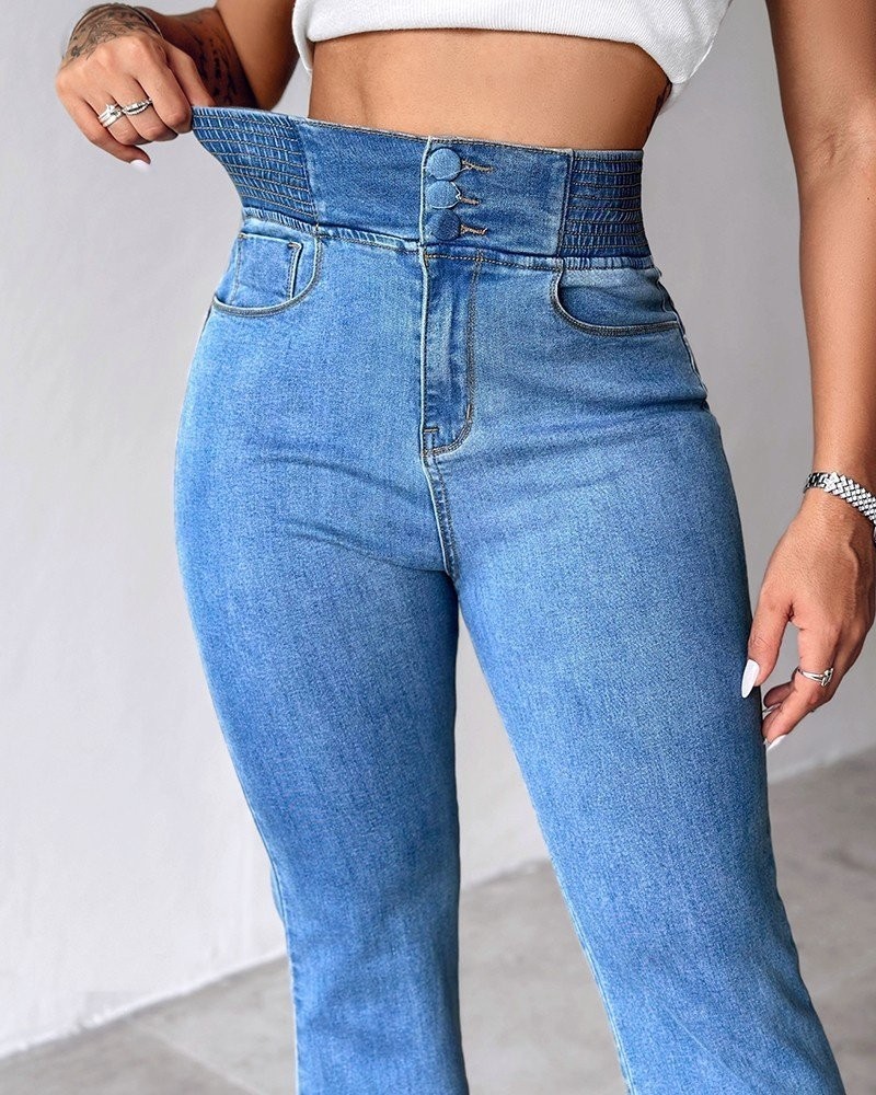 Aesco Kadın Yüksek Bel Yanları Lastik Önü Düğmeli Kot Pantolon görsel 3