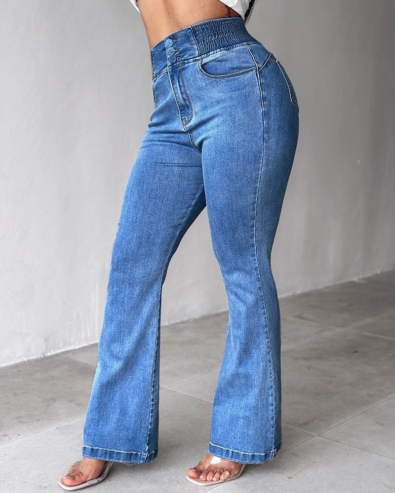 Aesco Kadın Yüksek Bel Yanları Lastik Önü Düğmeli Kot Pantolon görsel 7