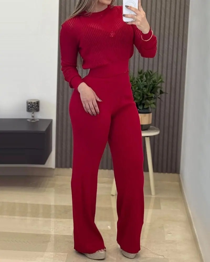 Kadın Uzun Kollu Yuvarlak Yaka Transparan Detaylı Triko Bluz ve Pantolon Ikili Takım