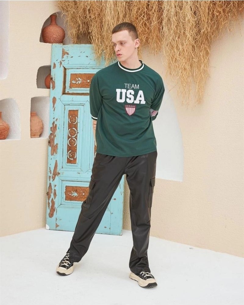Fantastik Store Erkek Bisiklet Yaka Tişört Nakış Işlemeli Kısa Kol Oversize T-Shirt - Yeşil görsel 2