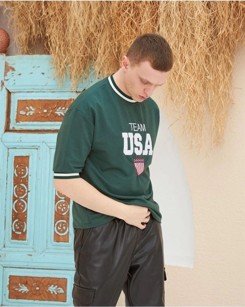Fantastik Store Erkek Bisiklet Yaka Tişört Nakış Işlemeli Kısa Kol Oversize T-Shirt - Yeşil
