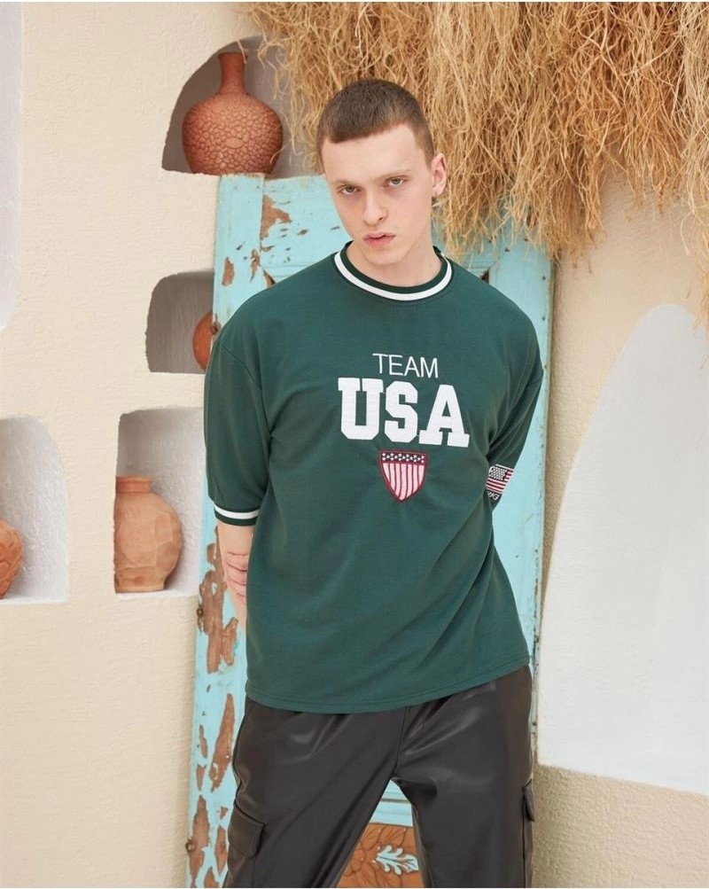 Fantastik Store Erkek Bisiklet Yaka Tişört Nakış Işlemeli Kısa Kol Oversize T-Shirt - Yeşil görsel 3