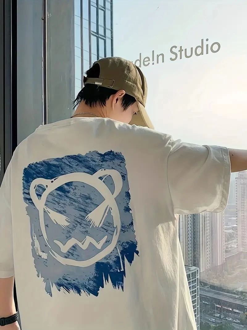Fantastik Store Erkek Tişört Bisiklet Yaka Kore Sevimli Ayı Baskı Kısa Kol T-Shirt - Beyaz görsel 5