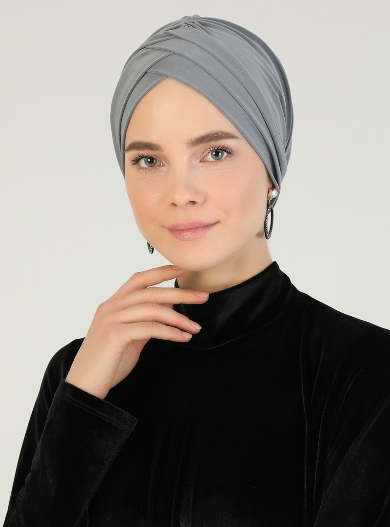 Mervin Şal Çapraz Üç Bantlı Hazır Türban Polyester Gri