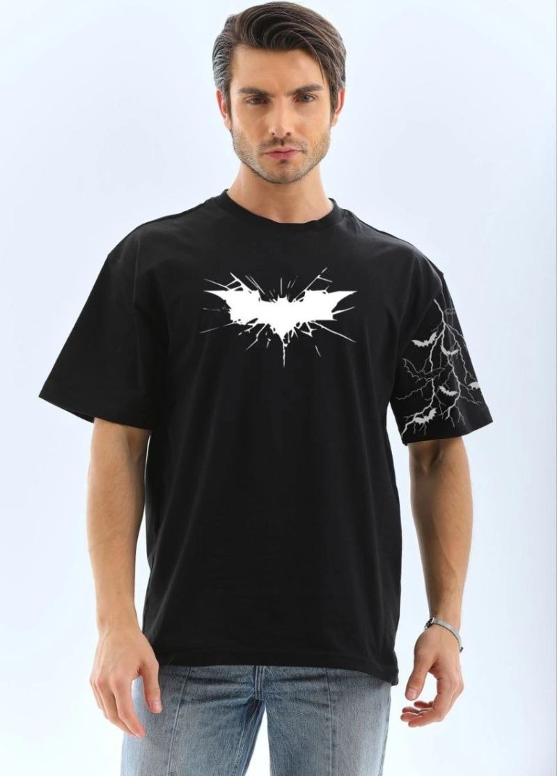 Fantastik Store Erkek Bisiklet Yaka Tişort Ön ve Kol Yarasa Baskılı T-Shirt - Siyah