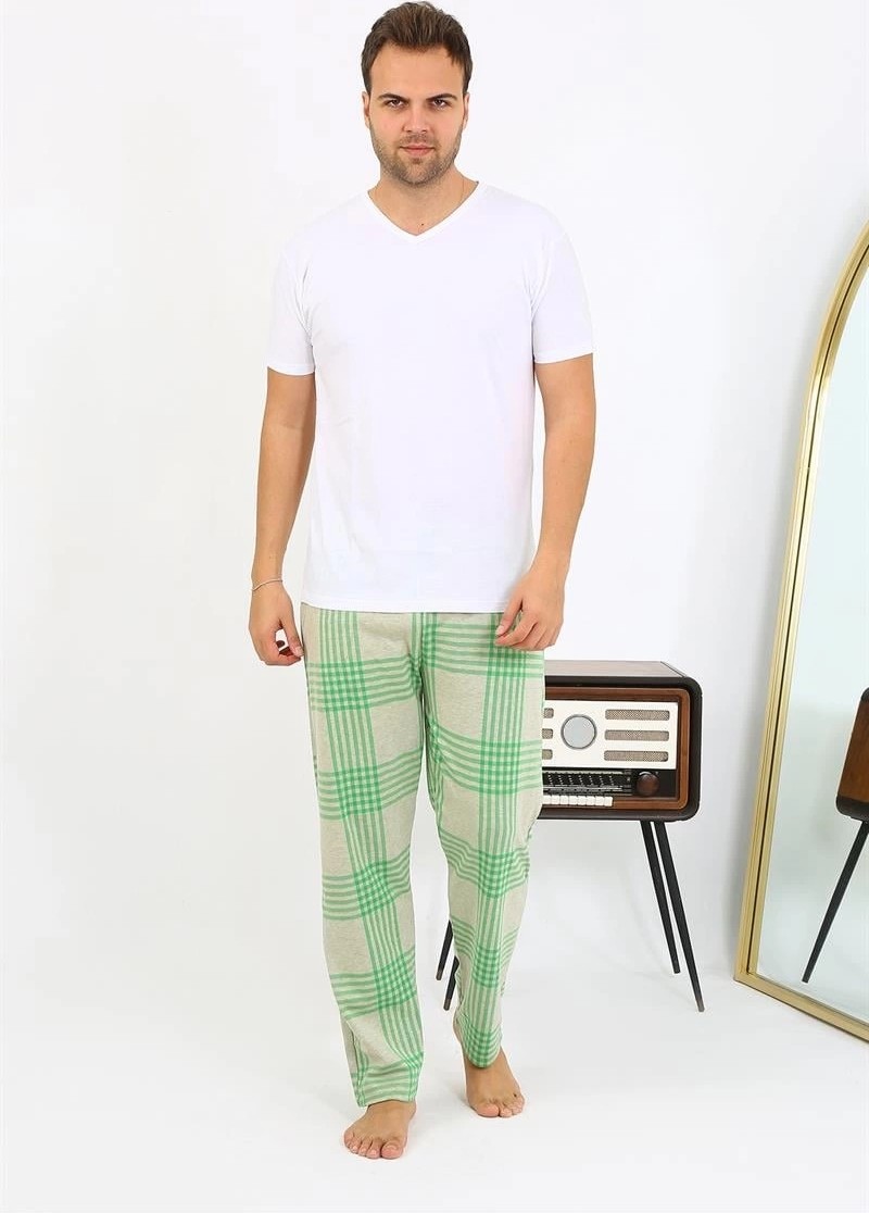 Melonika Erkek Ekoseli Desen Penye Tek Alt Pijama Yeşil Çmş görsel 3