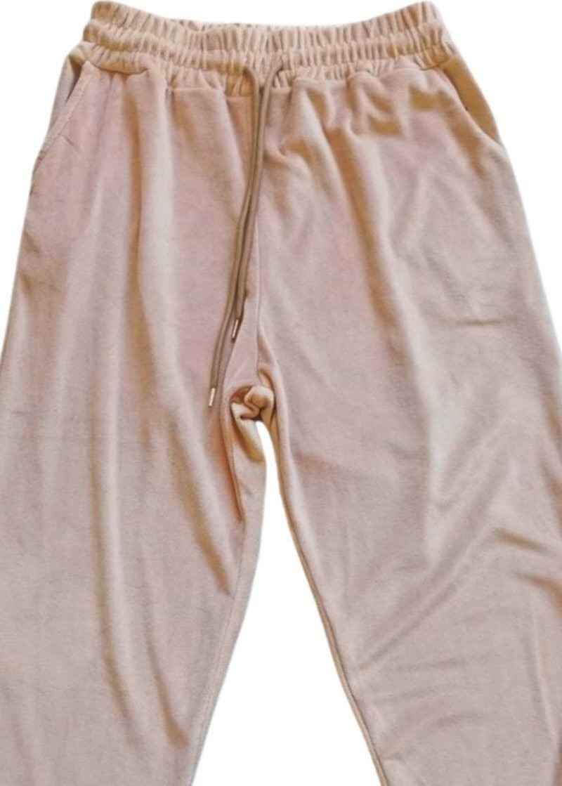 Kuzgun Ticaret Parlak Kadife Cepli Pantolon Eşofman Pijama Altı Unisex Lastikli Paça Bej görsel 2