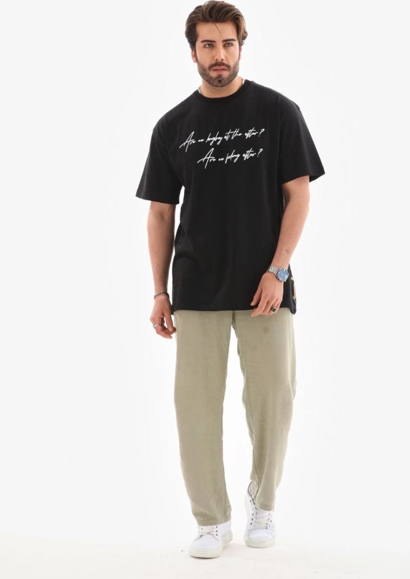 Fantastik Store Erkek Kısa Kol Yazlık Tişört Bisiklet Yaka Baskılı Oversize T-Shirt - Siyah