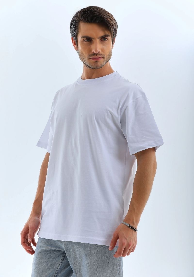 Fantastik Store Erkek Düz Yazlık Kısa Kol Tişört Bisiklet Yaka Oversize T-Shirt - Beyaz görsel 5