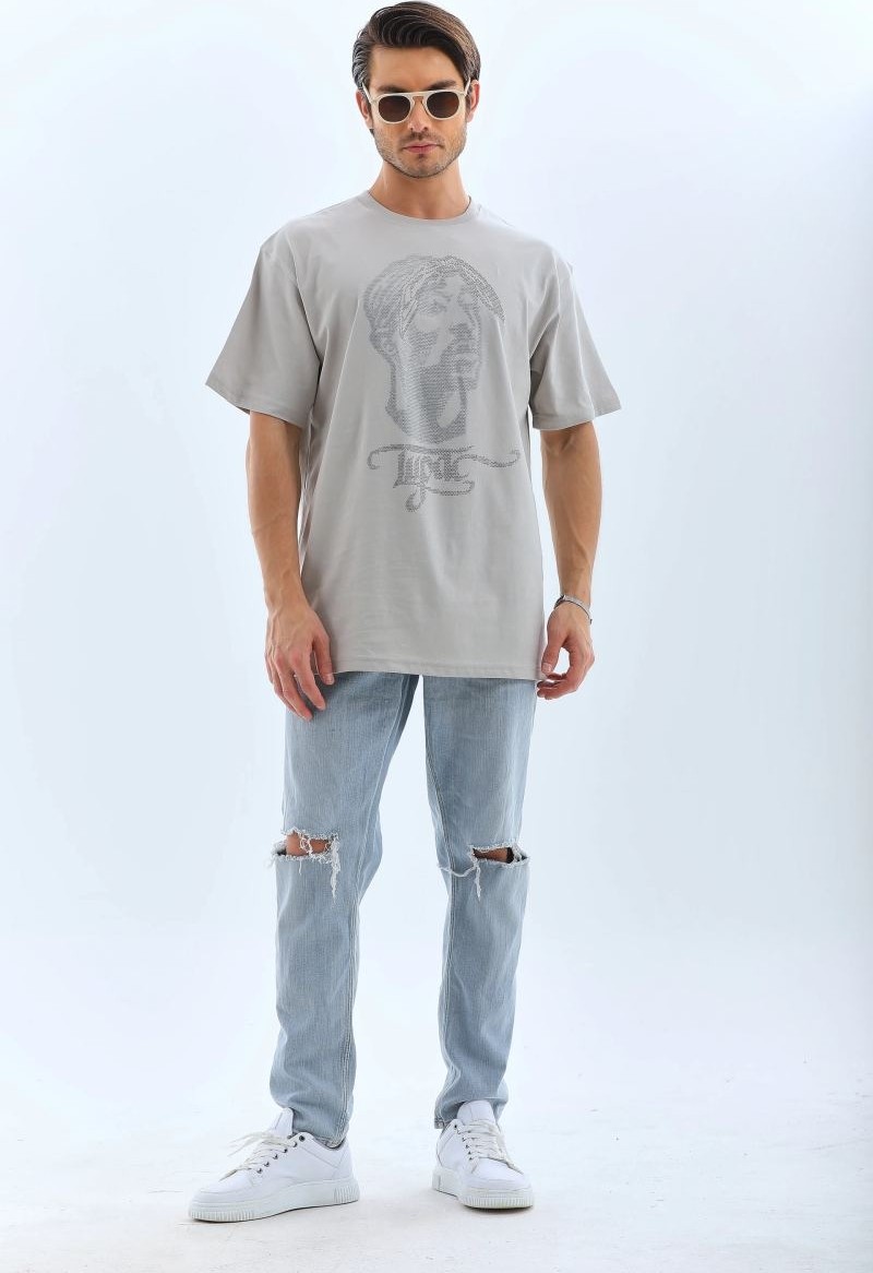 Fantastik Store Erkek Tişört Taş Detaylı Bisiklet Yaka kısa Kol T-Shirt - Gri
