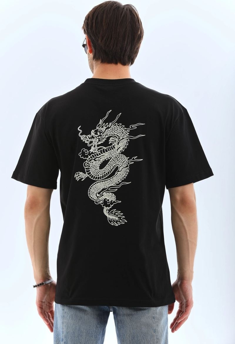 Fantastik Store Erkek Kısa Kol Yazlık Tişört Bisiklet Yaka Baskılı Oversize T-Shirt - Siyah görsel 2
