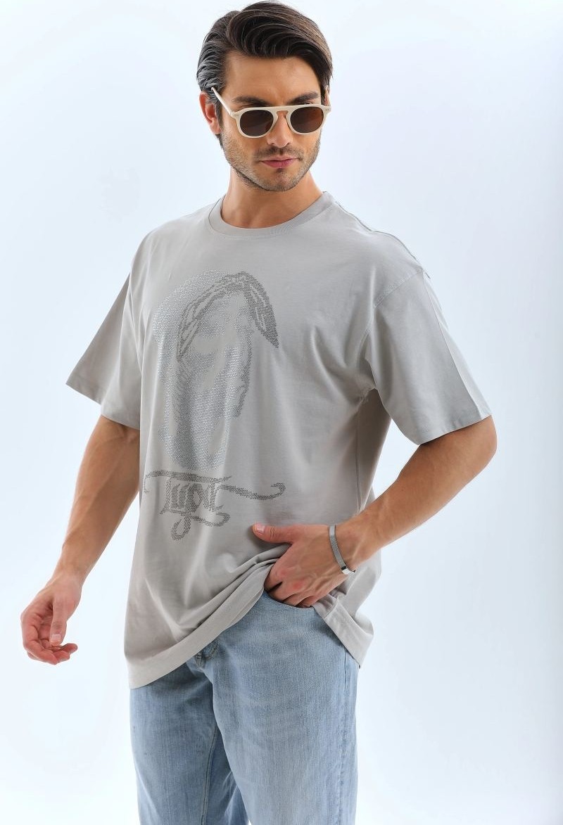 Fantastik Store Erkek Tişört Taş Detaylı Bisiklet Yaka kısa Kol T-Shirt - Gri görsel 5