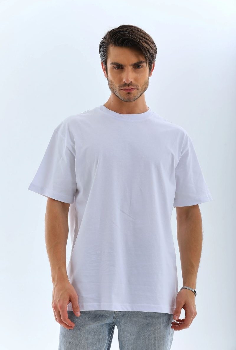 Fantastik Store Erkek Düz Yazlık Kısa Kol Tişört Bisiklet Yaka Oversize T-Shirt - Beyaz
