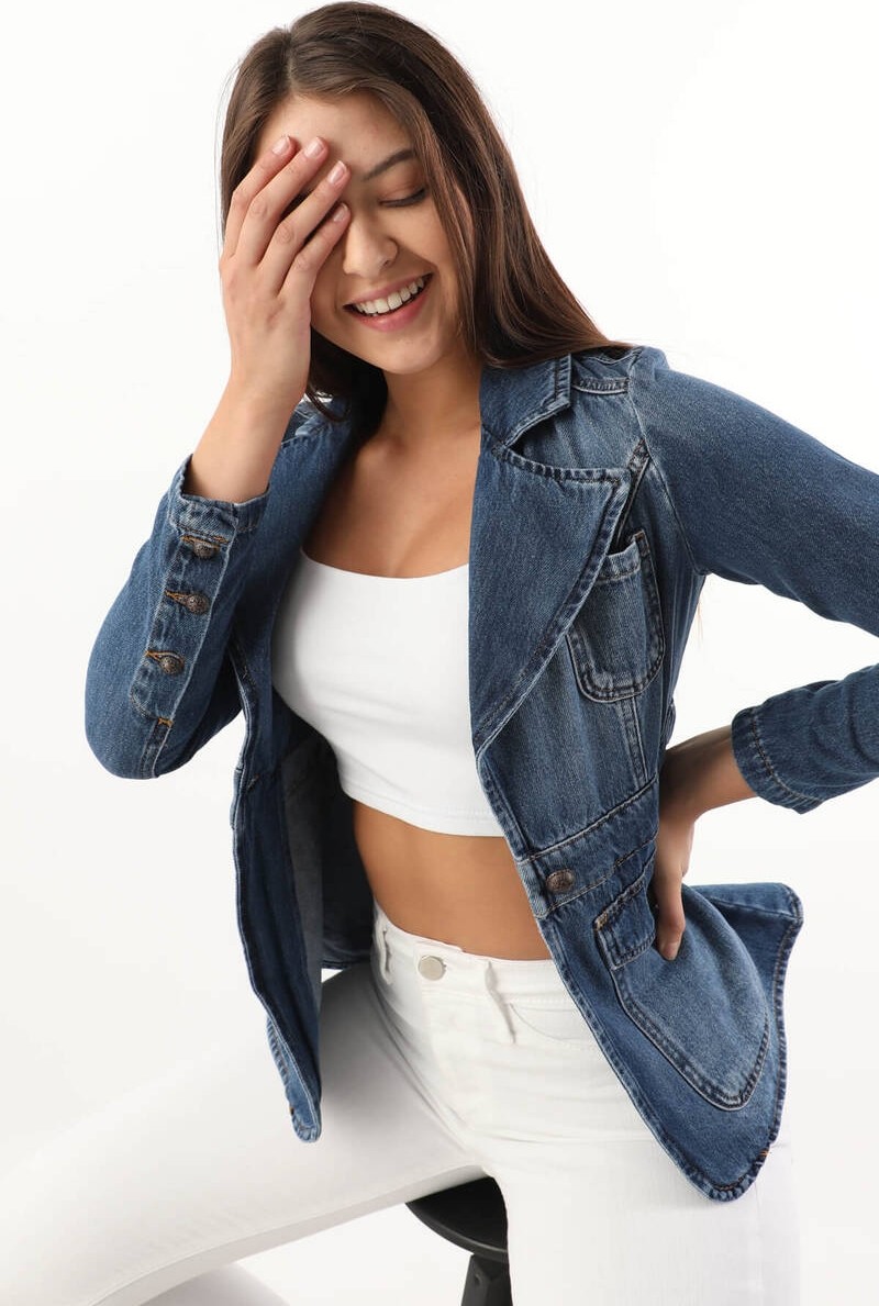 Banny Jeans Kadın Uzun Kollu Tek Düğmeli Jean Ceket Mavi