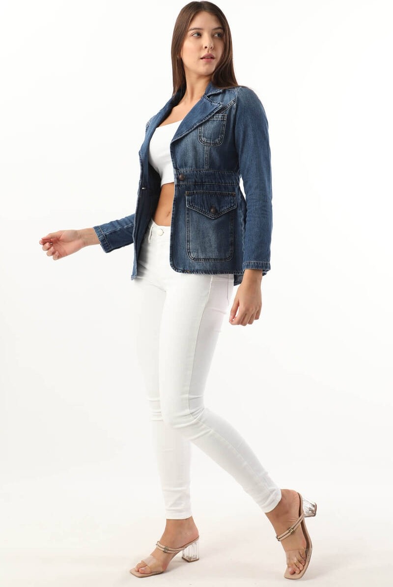 Banny Jeans Kadın Uzun Kollu Tek Düğmeli Jean Ceket Mavi görsel 6