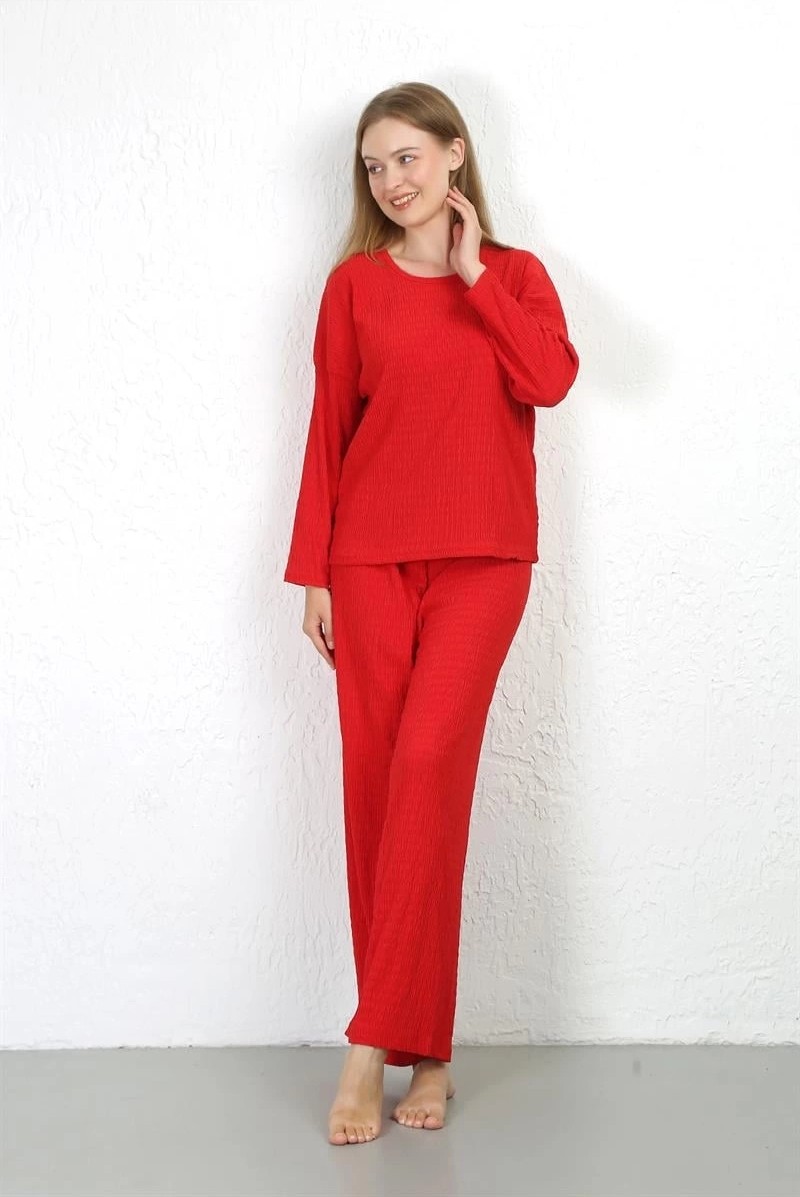 mery Kadın Bürümcük Kumaş Pijama Takım Kırmızı Mery görsel 2