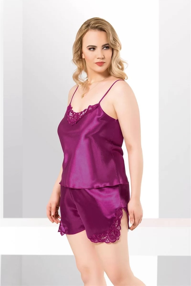 bebekokusu Büyük Beden Mor Saten Babydoll Şort Takımı
