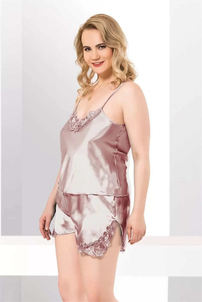 bebekokusu Büyük Beden Vizon Saten Babydoll Şort Takımı