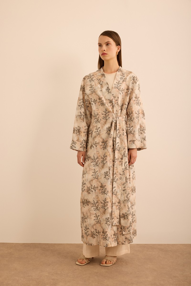 Aker Yaprak Desenli Keten Yandan Bağlamalı Kimono görsel 2