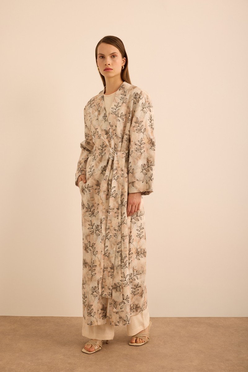 Aker Yaprak Desenli Keten Yandan Bağlamalı Kimono görsel 3
