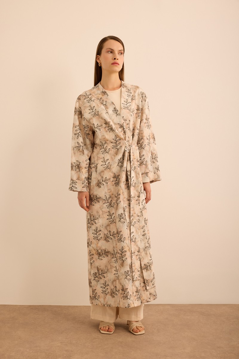 Aker Yaprak Desenli Keten Yandan Bağlamalı Kimono görsel 4