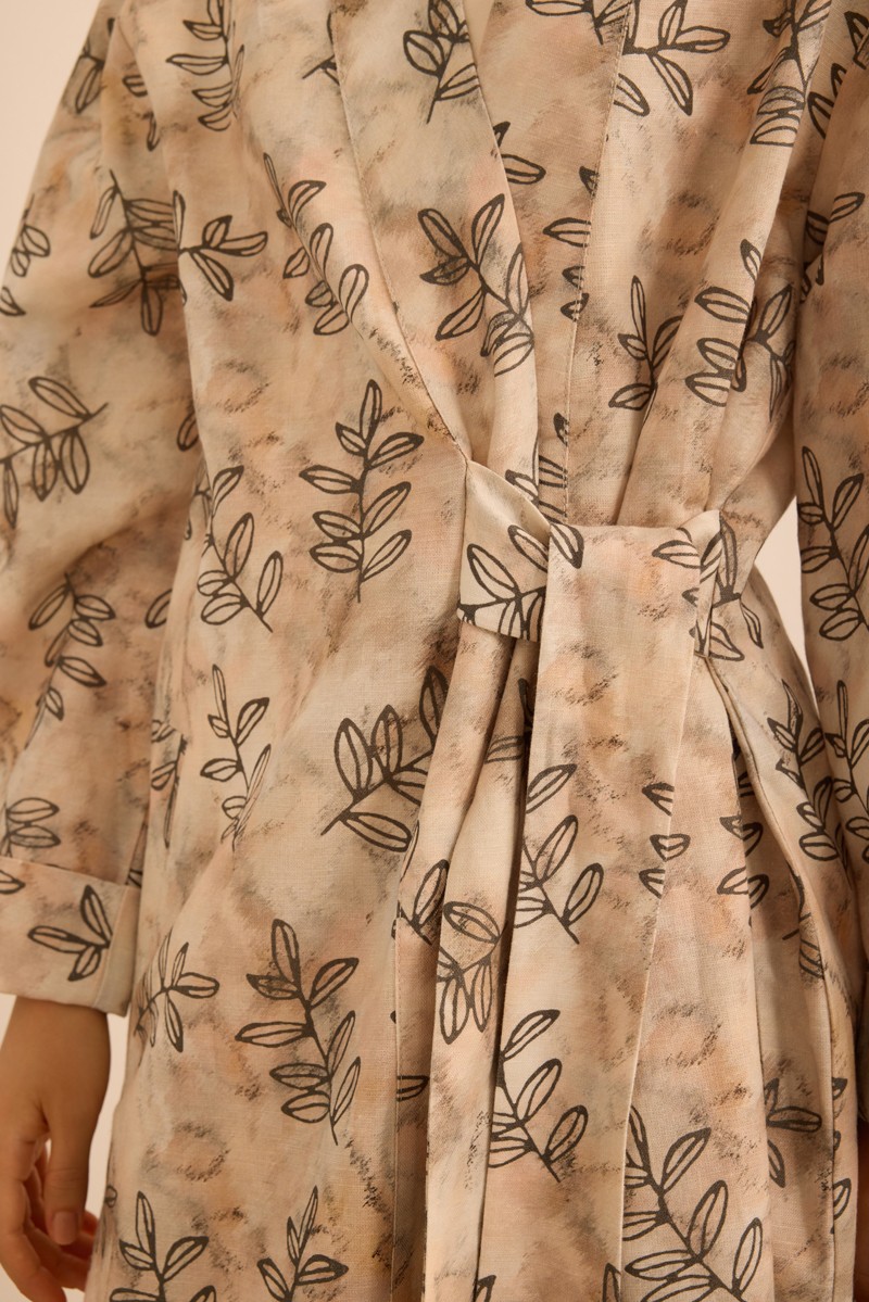 Aker Yaprak Desenli Keten Yandan Bağlamalı Kimono görsel 5