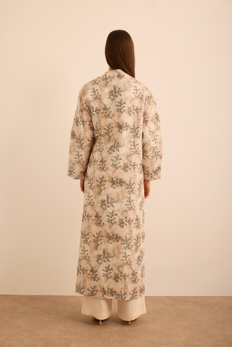 Aker Yaprak Desenli Keten Yandan Bağlamalı Kimono görsel 6