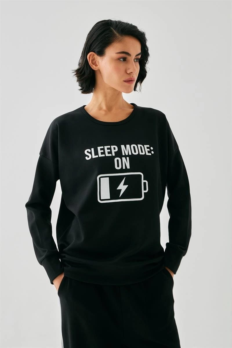 mery Kadın Siyah Sleep Mode On Oversize 2 Iplik Eşofman Ev Giyim Takımı Mery görsel 4