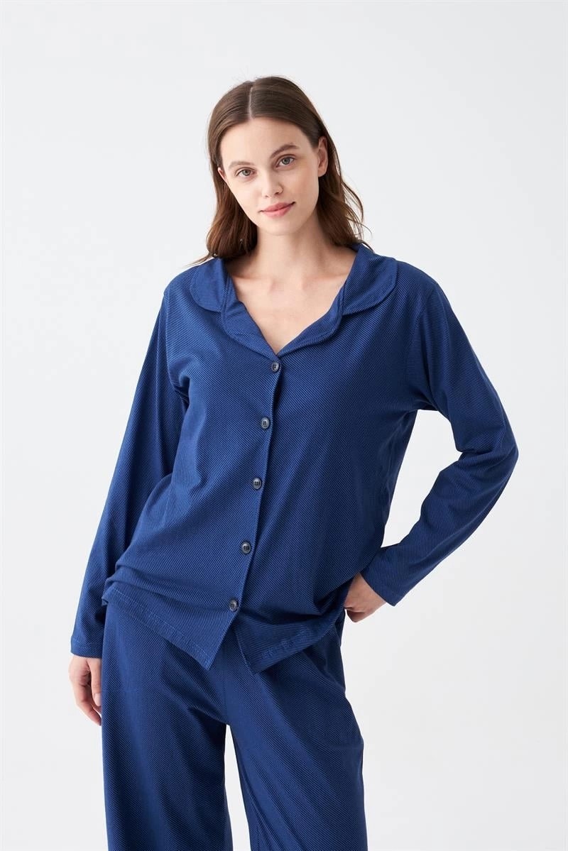 mery Kadın Lacivert Düğmeli Yaka Detaylı Pamuklu Pijama Takımı Mery görsel 2