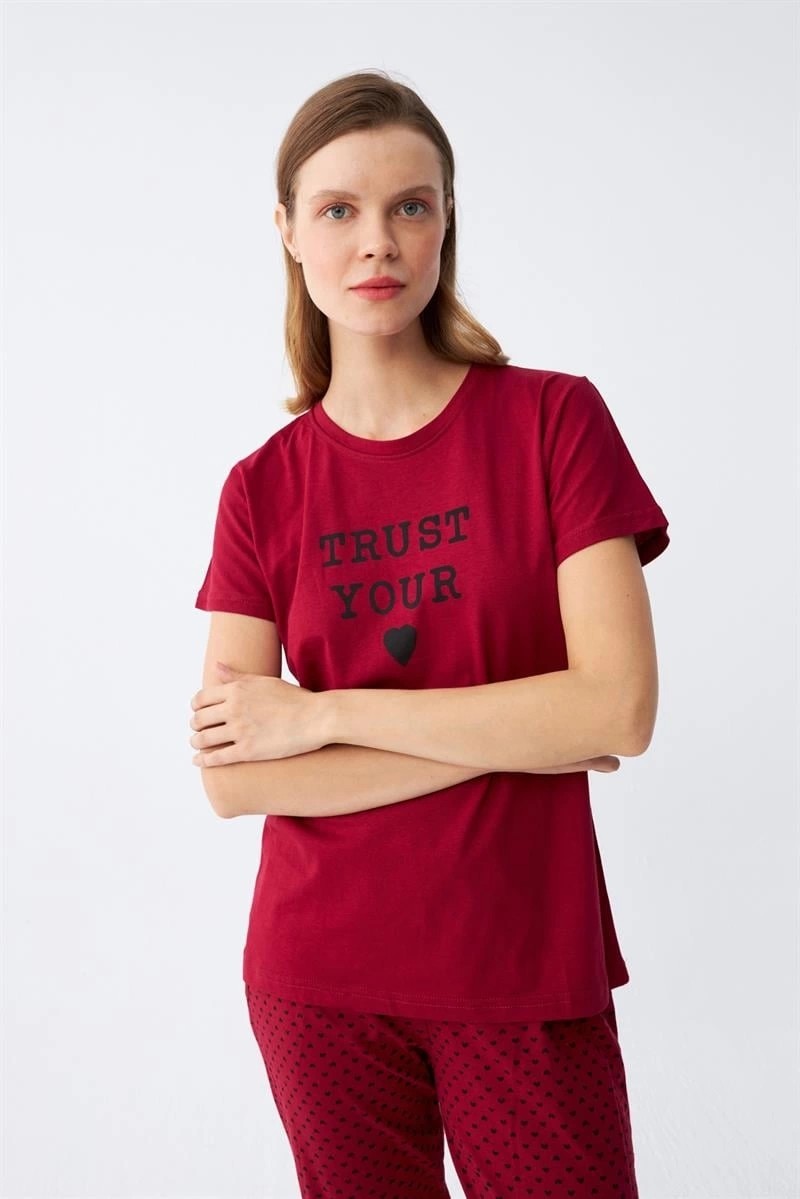 mery Kadın Bordo Kalp Desenli Kısa Kollu Penye Pijama Takımı Mery görsel 2
