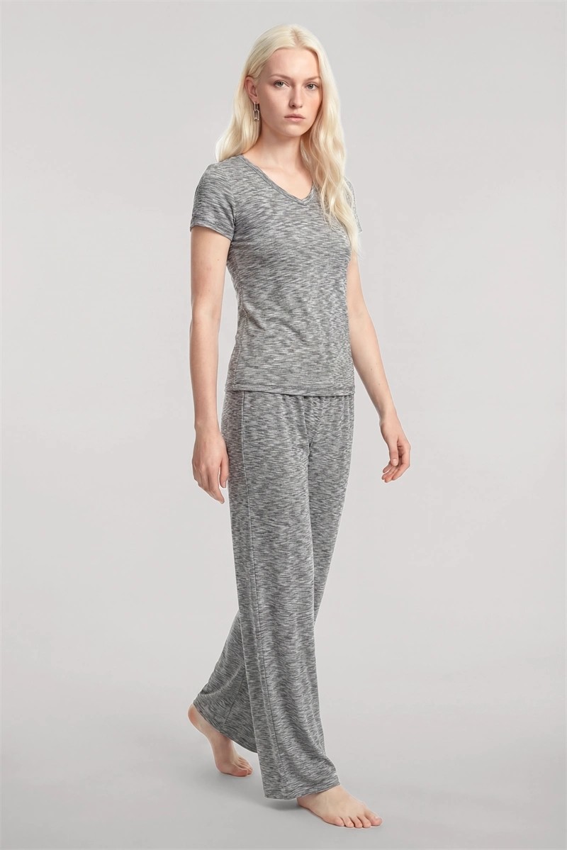mery Kadın Gri V Yaka Yumuşak Dokulu Pijama Takımı Rahat Günlük Ev Giyim Seti Mery görsel 2