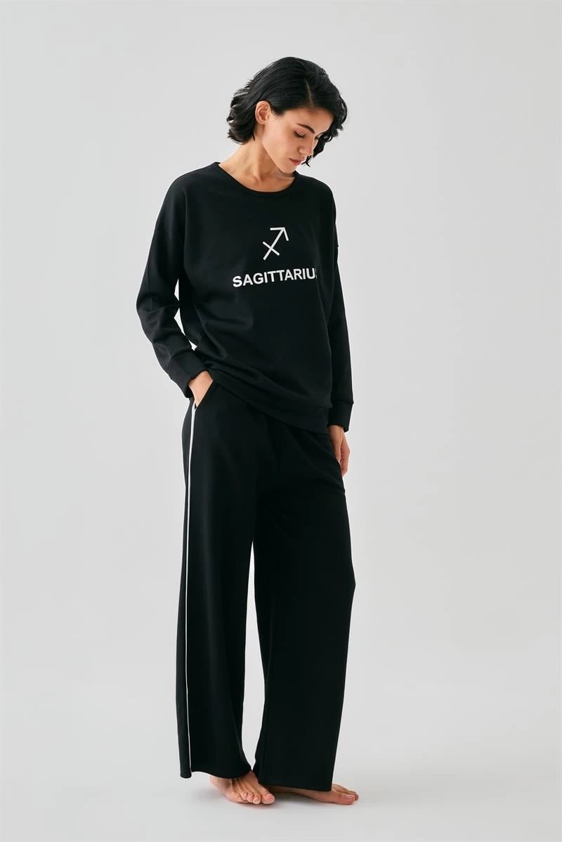 Çamaşır Kenti Moda Kadın Siyah Yay Burcu Oversize 2 Iplik Eşofman Ev Giyim Takımı Beruflic görsel 2