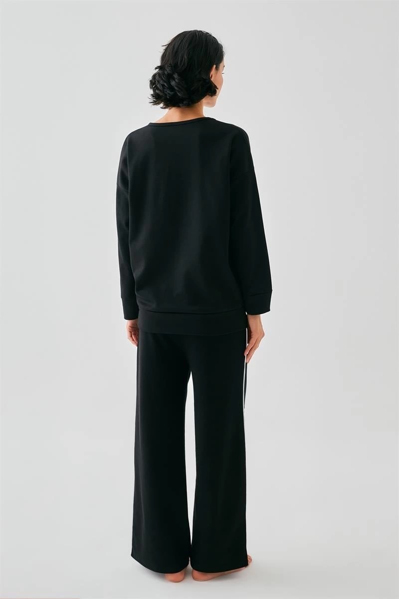 Çamaşır Kenti Moda Kadın Siyah Yay Burcu Oversize 2 Iplik Eşofman Ev Giyim Takımı Beruflic görsel 5