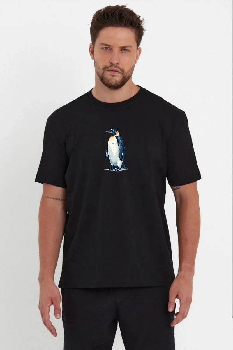 Fantastik Store Erkek T-Shirt Penguen Baskılı Bisiklet Yaka Kısa Kol Yazlık Tişört - Siyah