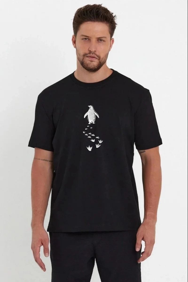 Fantastik Store Erkek T-Shirt Nihilist Penguen Baskılı Bisiklet Yaka Kısa Kol Yazlık Tişört - Siyah görsel 2