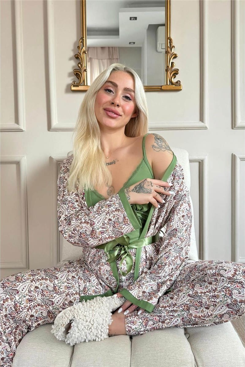 Pijama Evi Somon Flore Exclusive Örme Sabahlıklı Kadın Pijama Takımı görsel 8