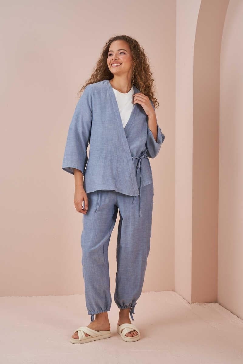 Mevra Kruvaze Kimono Müslin Bluz Mavi