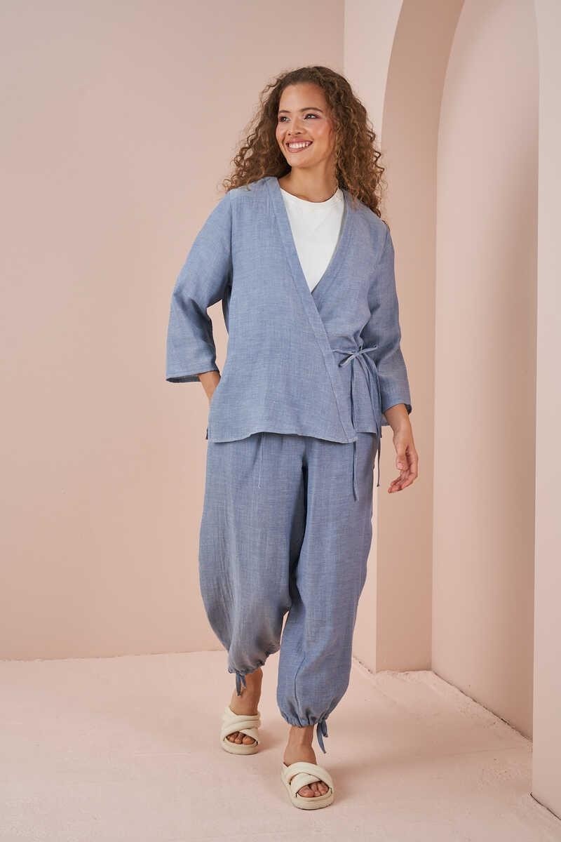 Mevra Kruvaze Kimono Müslin Bluz Mavi görsel 2