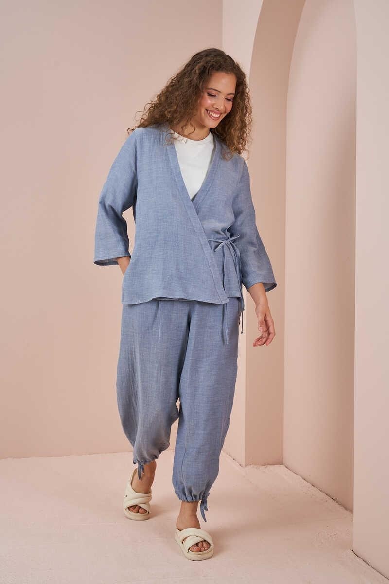 Mevra Kruvaze Kimono Müslin Bluz Mavi görsel 3
