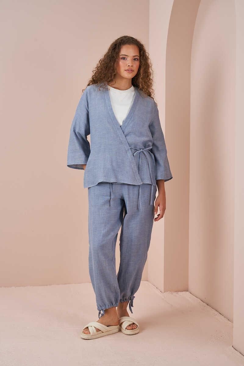Mevra Kruvaze Kimono Müslin Bluz Mavi görsel 4