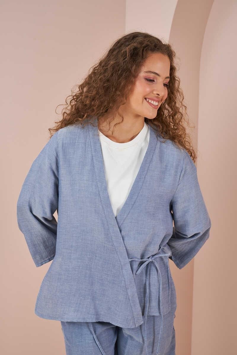 Mevra Kruvaze Kimono Müslin Bluz Mavi görsel 5