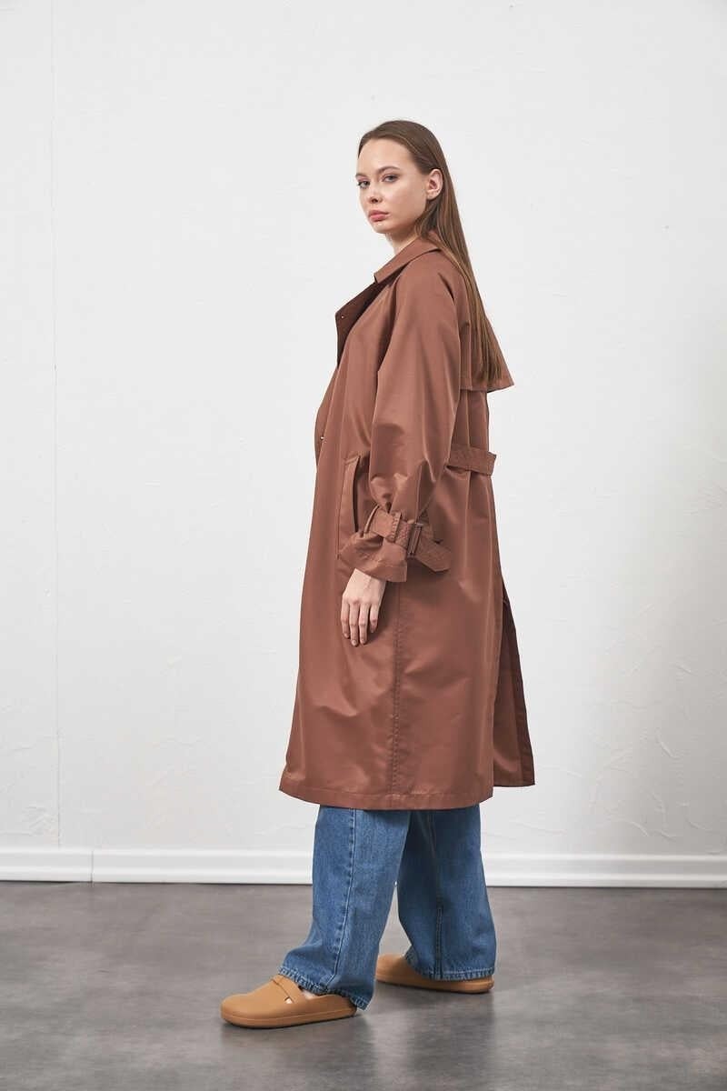 Mevra Tokalı Oversize Trenchcoat Kahve görsel 3