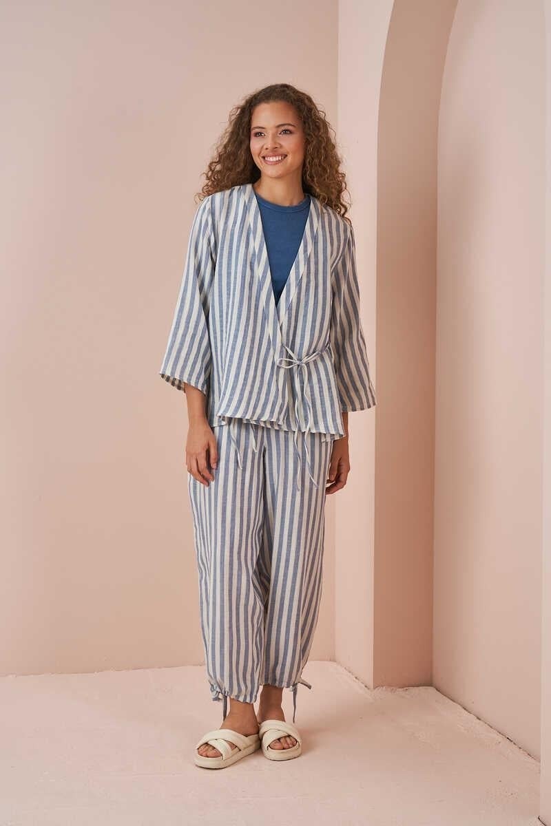 Mevra Kruvaze Kimono Bluz Müslin Ince Çizgili Mavi