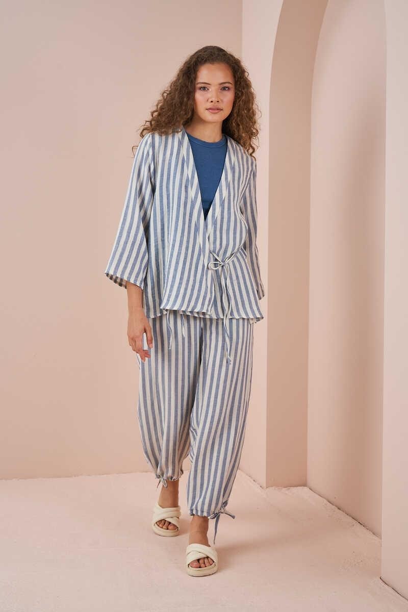Mevra Kruvaze Kimono Bluz Müslin Ince Çizgili Mavi görsel 2