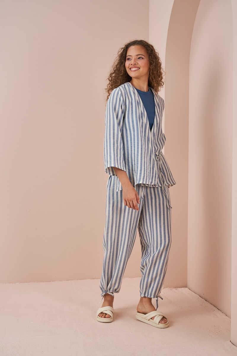 Mevra Kruvaze Kimono Bluz Müslin Ince Çizgili Mavi görsel 3