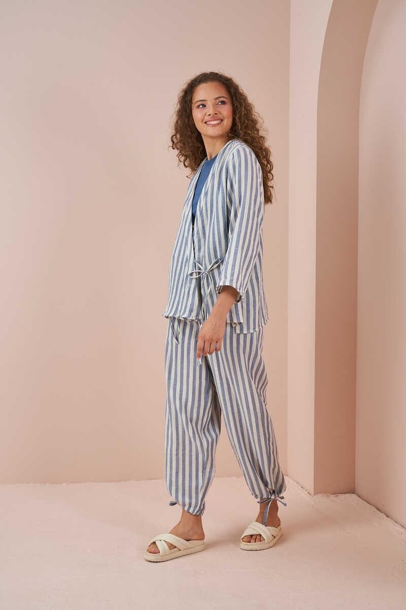 Mevra Kruvaze Kimono Bluz Müslin Ince Çizgili Mavi görsel 4