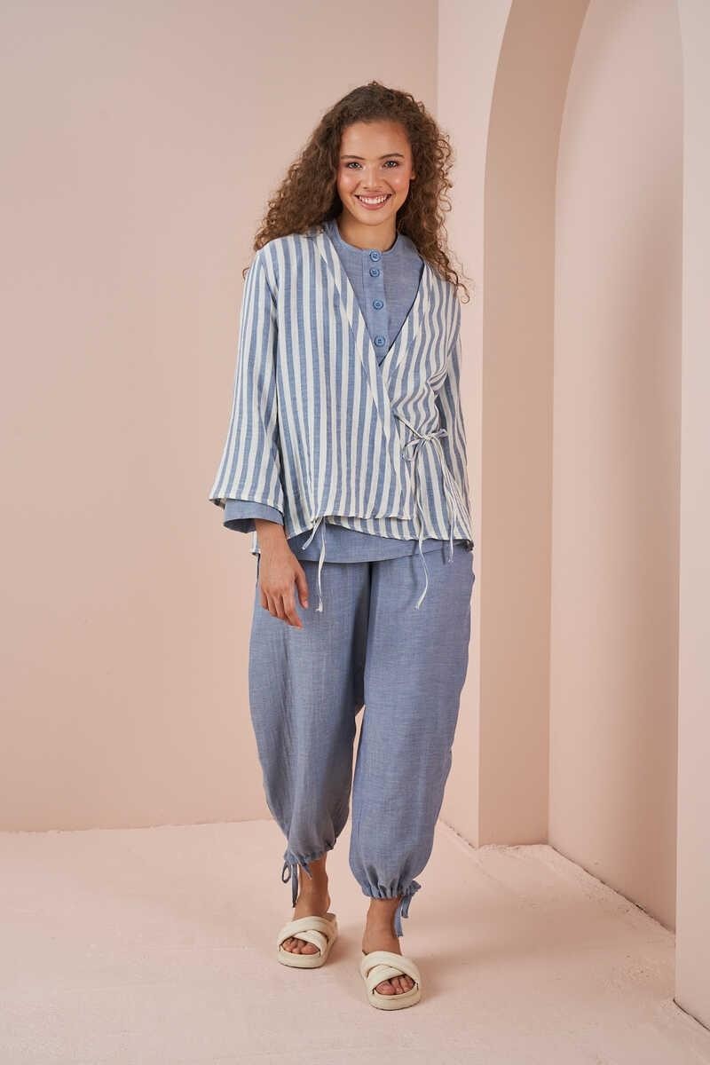 Mevra Kruvaze Kimono Bluz Müslin Ince Çizgili Mavi görsel 5