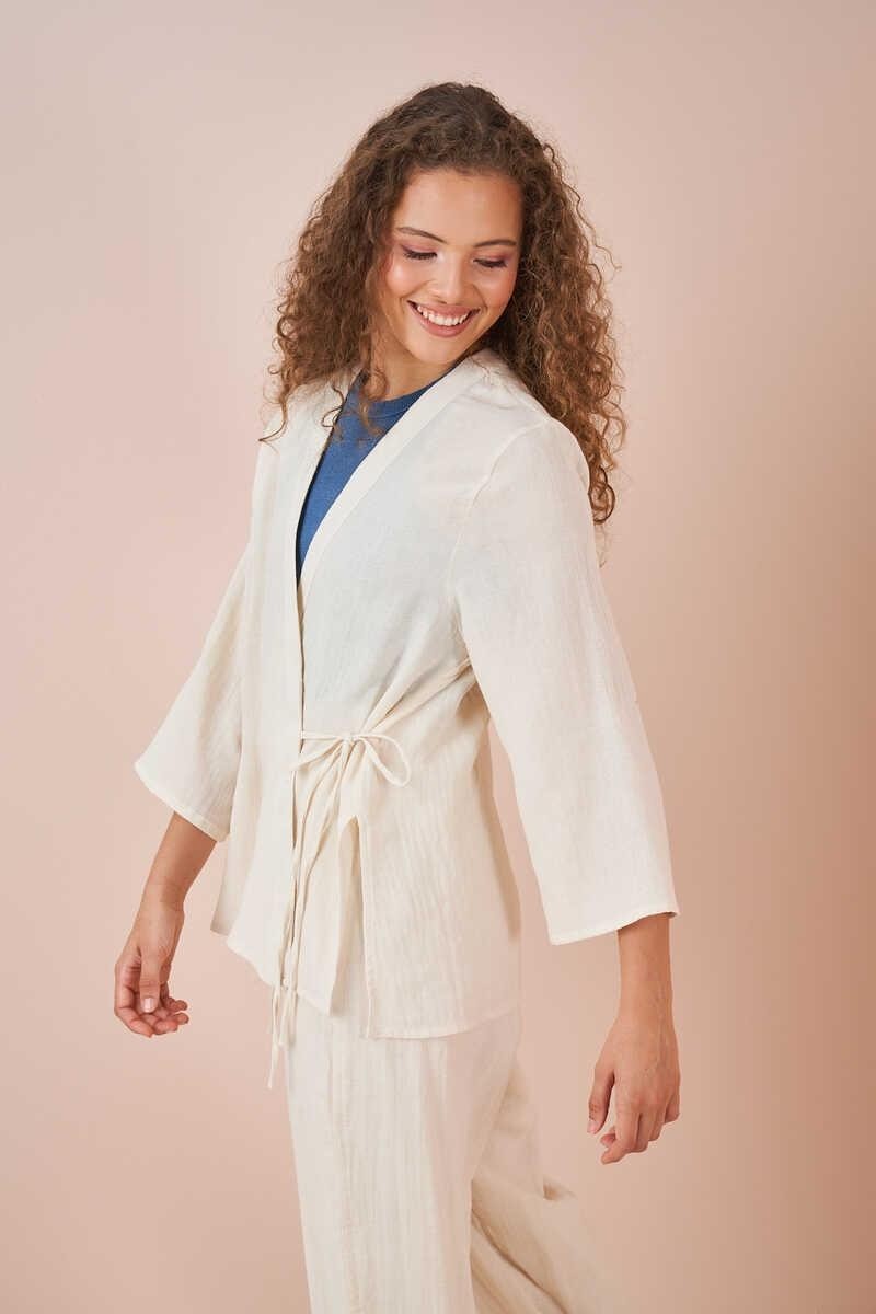 Mevra Kruvaze Kimono Müslin Bluz Ekru görsel 4