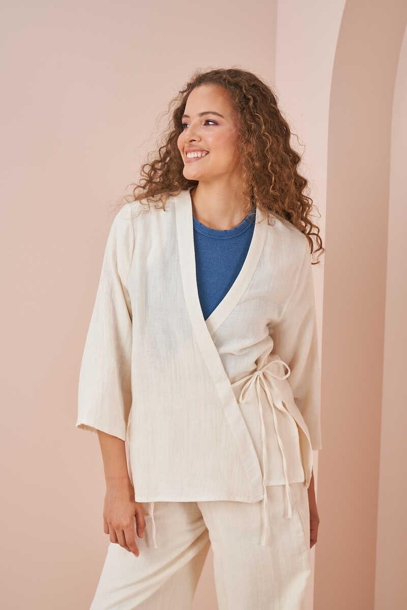 Mevra Kruvaze Kimono Müslin Bluz Ekru görsel 5